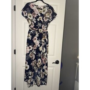Hailey And Co Short Sleeve Wrap Maxi Dress Belted Small Navy Multicolor Floral